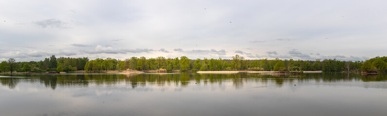 Fototapeta na wymiar small islands with waterfowl in the pond, Vrbenske rybniky Nature reserve, Ceske Budejovice, Czech republic