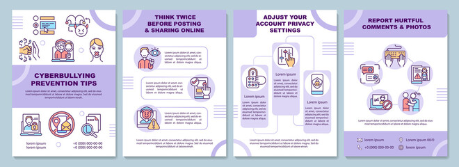 Cyberbullying prevention tips brochure template. Reporting, privacy. Flyer, booklet, leaflet print, cover design with linear icons. Vector layouts for presentation, annual reports, advertisement pages