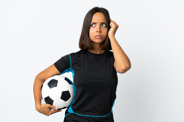 Young football player woman isolated on white background having doubts and thinking