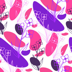 Fototapeta na wymiar Line art floral pattern. Trendy texture for any purposes. Bright and colorful spring or summer print.
