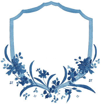 Delft Blue Floral Crest, China Blue, Wedding Bouquet, Leaves, Floral Swirl, Wedding Crest, Floral Crest