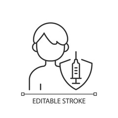 Vaccination of teens linear icon. Teenage child immunization. Hospital patient. Health care. Thin line customizable illustration. Contour symbol. Vector isolated outline drawing. Editable stroke