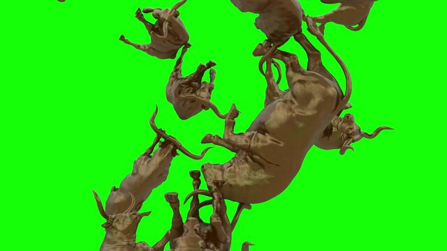 Stock Market Bull Statues Falling on Green Screen With Alpha Matte