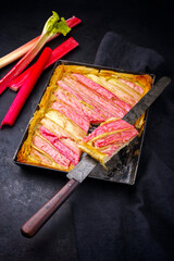 Traditioneller deutscher Rhabarber Tart mit Frischkäse und Yufka Teig serviert als close-up in...