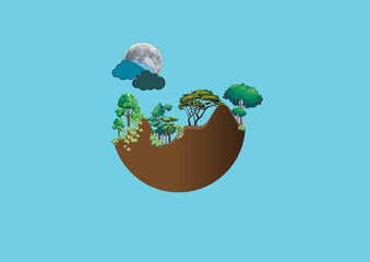 Abstract 2D flat illustration of a tiny planet with green trees, herbs, plants and a moon covered...