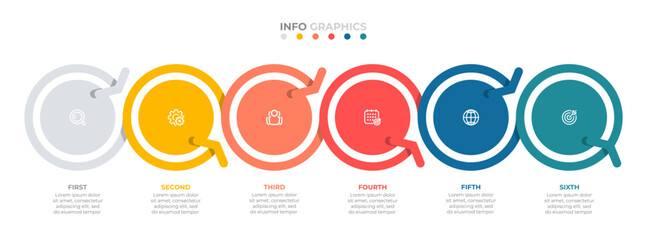 Business infographic. Timeline design with arrow and numbers 6 options or steps.