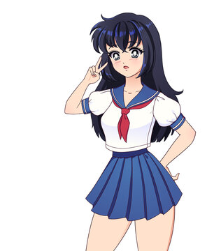 Smiling anime manga girl with black hair