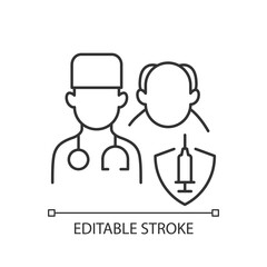 Vaccination priority list linear icon. Patient with doctor. Age group for vaccine injection. Thin line customizable illustration. Contour symbol. Vector isolated outline drawing. Editable stroke