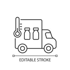 Vaccine transportation linear icon. Drug distribution. Pharmaceutical remedy shipment van. Thin line customizable illustration. Contour symbol. Vector isolated outline drawing. Editable stroke