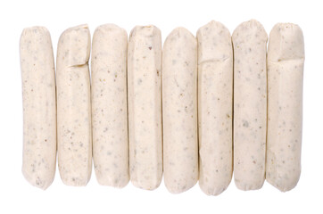 Vegetarian barbecue sausages, in a row, from above, isolated, over white. Meatless white sausages made from egg and milk protein as a meat substitute, with herbs and spices. Close-up macro food photo.