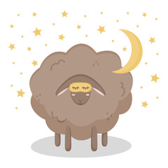 Cute brown sheep in sleep mask with stars and moon. Isolated animal on a white background. Poster for the nursery, postcard, party invitation. Vector illustration with lamb for children