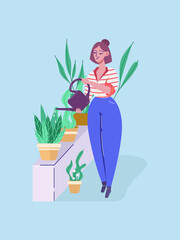 Cute woman watering plants and flowers with watering can. Home hobby. Garden work. Florist taking care of plant. Colorful vector illustration. Cartoon style. Blue background.