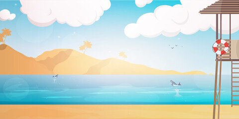 Fototapeta na wymiar Beach with a rescue post. Summer illustration in cartoon style. Vector.