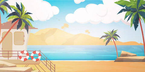 Obraz premium Beach with a rescue post. Summer island illustration in cartoon style.