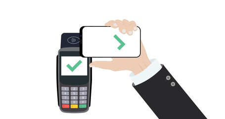 Mobile banking and payment by credit card using smartphone. NFC payments. Scan to pay. Payment using Phone to scan QR code. Contactless payment. Vector illustration.