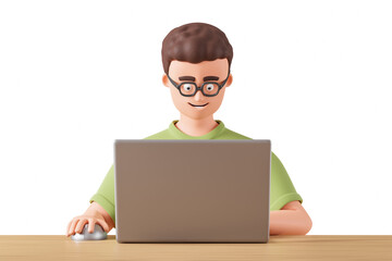 Happy cartoon character man in glasses work with laptop on the wooden table isolated over white background.