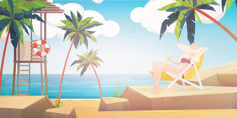Young beauty girl relaxing with cocktail on the beach. Vector illustration.