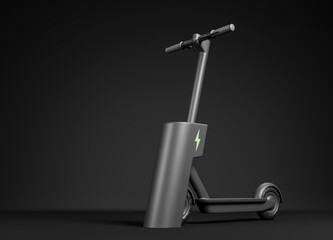 Black electric kick scooter with charging station over black background. Eco friendly city transport concept.
