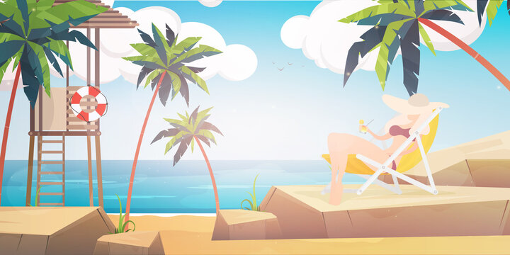 Young beauty girl relaxing with cocktail on the beach. Vector illustration.