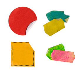 set of empty grungy adhesive price stickers, multicolored price tags, with free copy space, isolated on white background