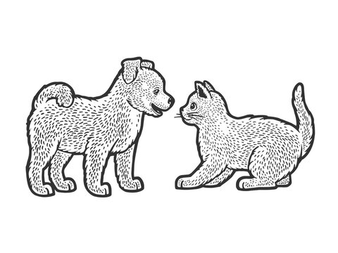 puppy and kitten line art sketch engraving vector illustration. T-shirt apparel print design. Scratch board imitation. Black and white hand drawn image.