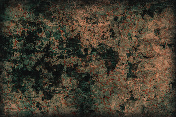 Abstract texture of an old and dark wall with peeling paint on which there was once wallpaper