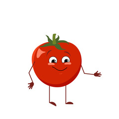 Cute tomato character with joy emotions, smiling face, happy eyes, arms and legs. A mischievous red vegetable hero with eyes