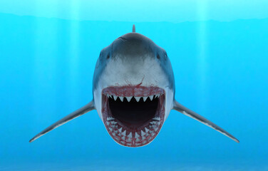 Illustration of a great white shark with jaws open in attack mode swimming through blue ocean water. - 435431915