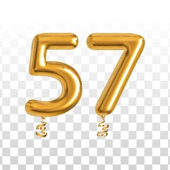 Vector realistic isolated golden balloon number of 57 for invitation decoration on the transparent background.