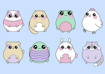 Cute kawaii animal set of 8, panda, cat, frog, chicken, dog, turtle, bunny and raccoon
