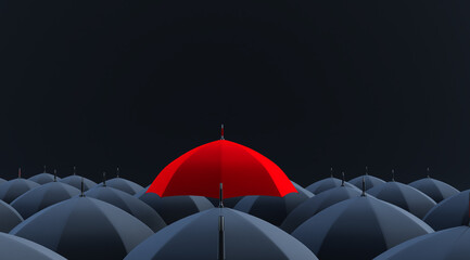 Fototapeta na wymiar 3d render of Unique red umbrella among many dark ones.