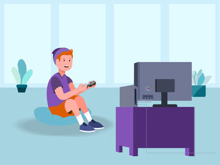 Boy with hat plays video games on his console on the screen