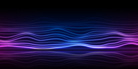 Blue ultraviolet neon waves with reflection. Abstract shiny technology retro background. Futuristic glowing vector design © saicle