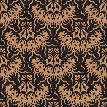 Black-orange seamless pattern with vintage ornaments. Good for clothing, textiles, backgrounds and prints. Vector illustration.