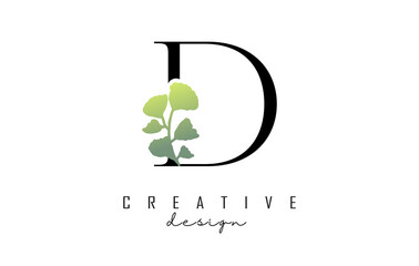 D Letter logo design with pink circle and green leaves. Vector Illustration with with Botanical elements. Nature vector template design concept with D letter.