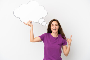 Young caucasian woman isolated on white background holding a thinking speech bubble