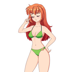 Sad anime manga girl with red hair