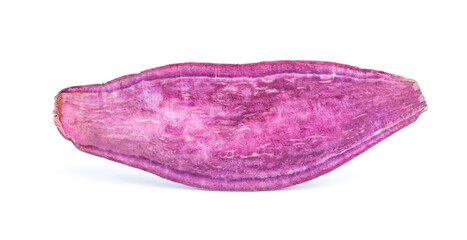 Purple sweet potato cut in half on white background