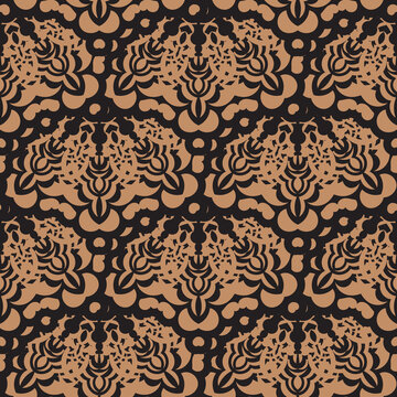 Black-orange seamless pattern with vintage ornaments. Good for murals, textiles, postcards and prints. Vector illustration.