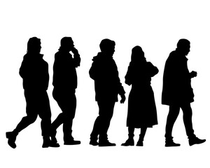 Man and women walking on street. Isolated silhouette on a white background
