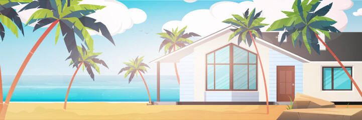 A hotel on a blue, clean and calm sea. Villa on a sandy beach with palm trees. Summer vacation concept. Vector illustration.
