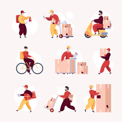 Deliver workers. Delivery services warehouse guy packing movers postman with boxes safety containers garish vector illustrations flat style