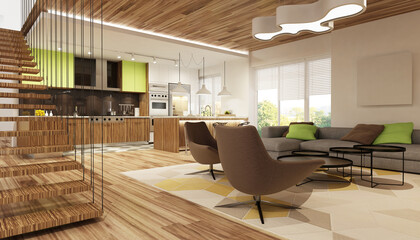 Plakat Modern interior of kitchen with living room 