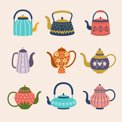 Decorative kettle. Colored kitchen householder ceramic utensils for hot drinks recent vector flat illustrations collection