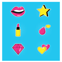 Pop art stickers. Lips, lipstick, ruby, bomb, heart, star. Background.  Vintage