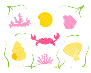 Set of sea scavengers, crab and molluscs with corals.Isolated drawings in the style of doodle on a white background.