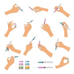 Hand holding syringe. Doctor make vaccination patient laboratory research covid injection hospital items recent vector illustrations isolated