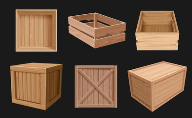 Wooden containers. 3d boxes for fragile products empty packages various views cargo shipping wooden containers decent vector realistic pictures collection