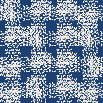 Indigo tie dye shibori vector seamless pattern. Minimalist geometric oriental  tile repeat in navy blue and off white. Organic texture. Japanese traditional print.
