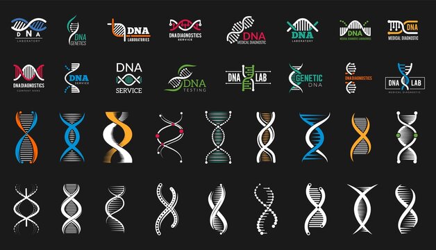 DNA icons. Medical genetic lab, science labels and biotechnology research symbols. People health vector elements